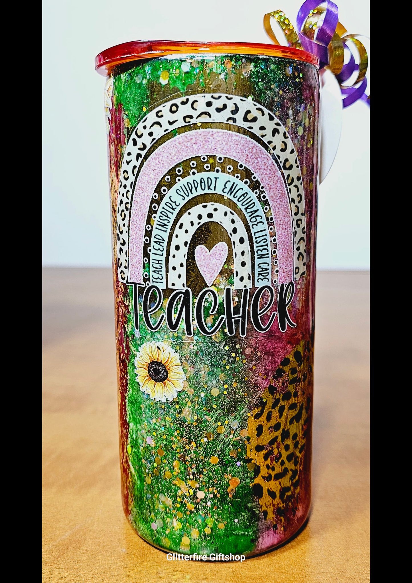 Teacher - Teach, Love, Inspire - Leopard, Sunflowers & Gold Mug [15oz]