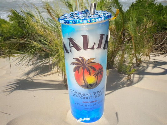 Malibu Original Blue - Caribbean Rum Glass Mug + Rhinestones & Pearls Lid