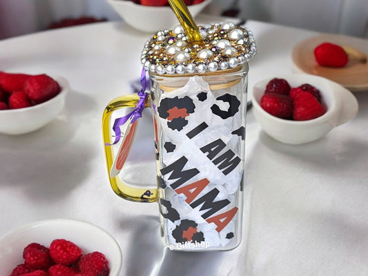 'I am Mama' Heart Leopard Design Mug + Rhinestones & Pearls Lid
