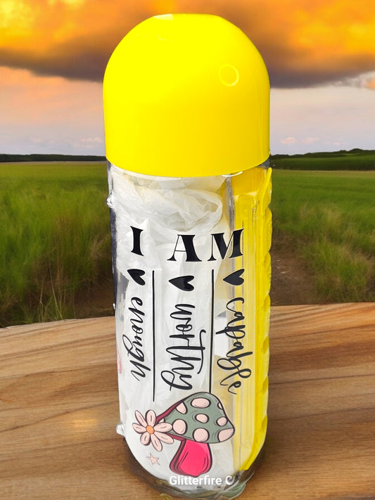 'I am Capable, Worthy, Enough' Retro Mushroom - Pill Bottle Organizer [Yellow]