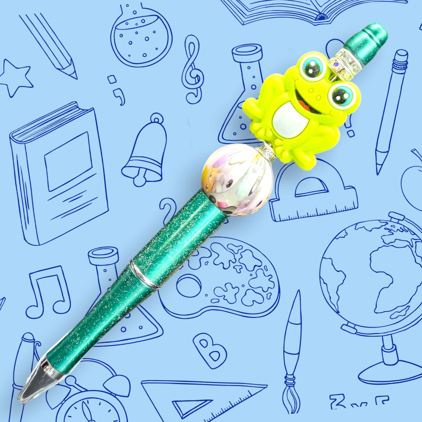 Bright Eyed Frog & Green Fancy Bead Pen  [9]