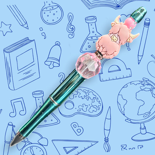 Dusty Pink Highland Cow & Chrome Green Fancy Bead Pen [11]