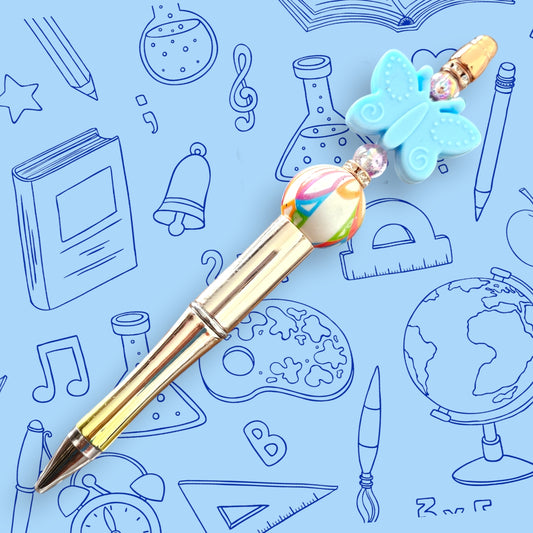 Blue Butterfly & Gold Chrome Fancy Bead Pen [24]