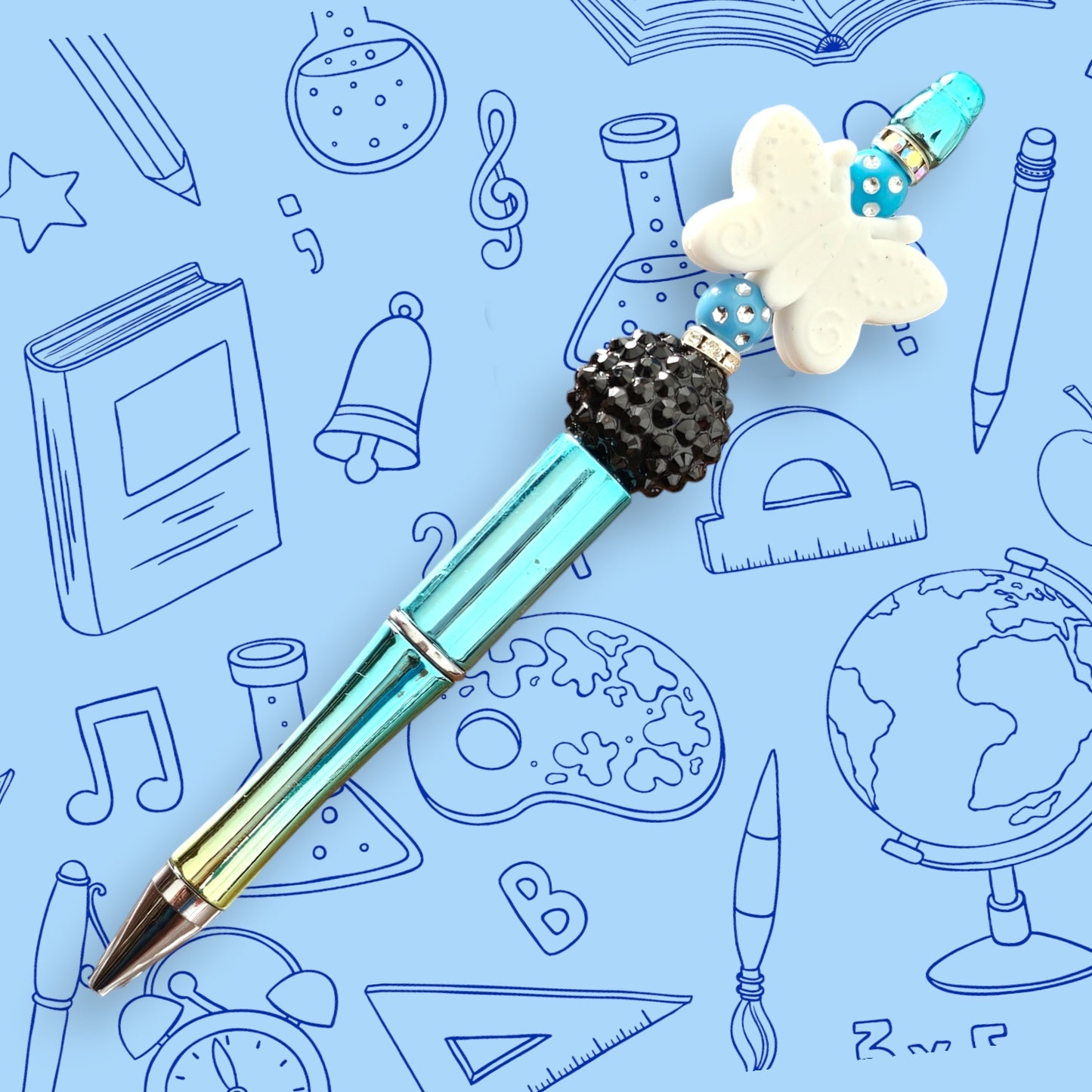 White Butterfly & Blue Green Chrome Fancy Bead Pen [14]