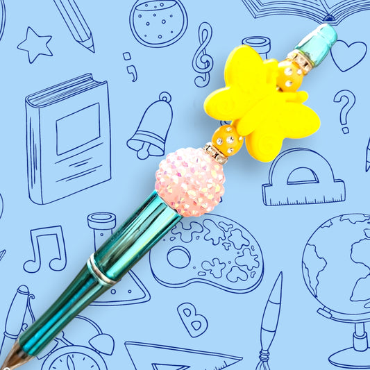 Yellow Butterfly & Light Blue Chrome Fancy Bead Pen [30]