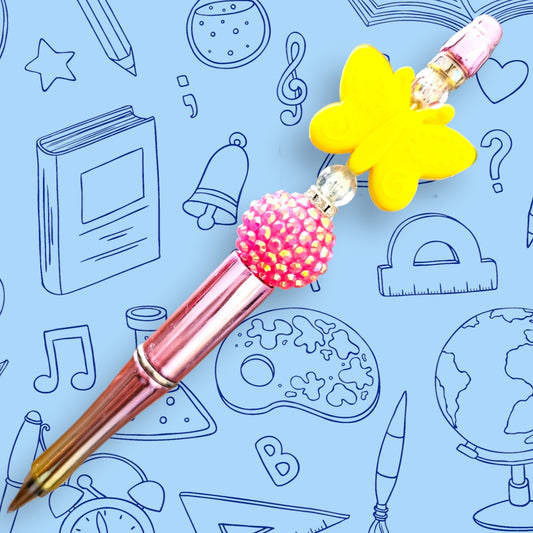 Yellow Butterfly & Pink Chrome Fancy Bead Pen [50]