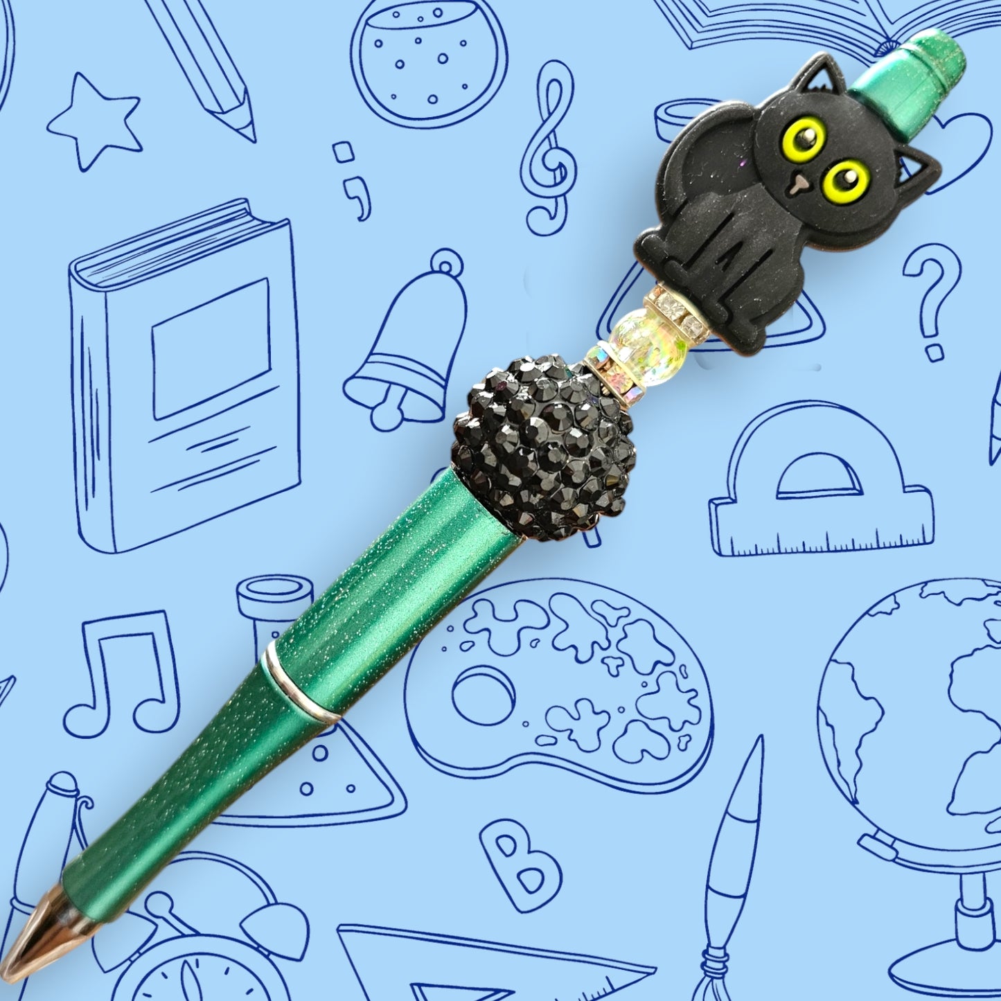 Black Cat & Green Fancy Bead Pen [34]