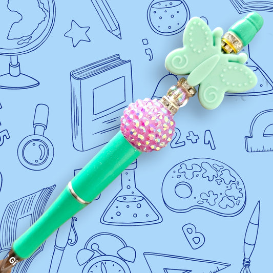 Pastel Green Butterfly, Dust Pink Bead & Green Fancy Bead Pen [33]