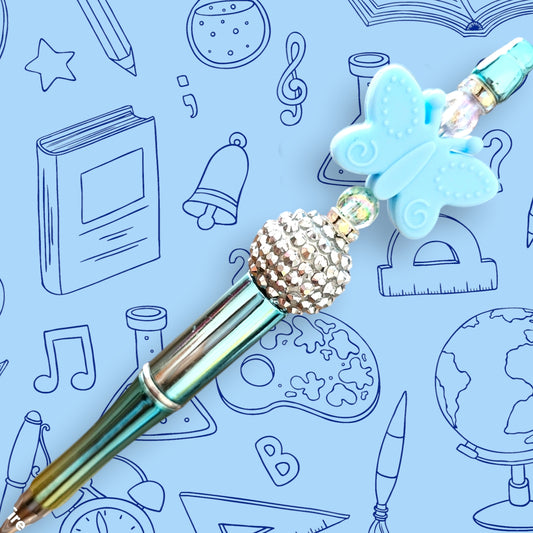 Pastel Blue Butterfly & Green Chrome Fancy Bead Pen [43]