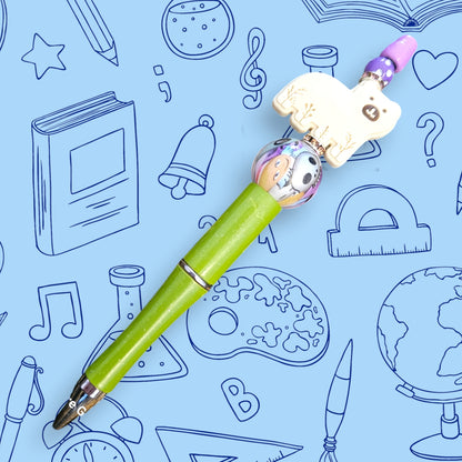 Beige Bear & Green Fancy Bead Pen [51]