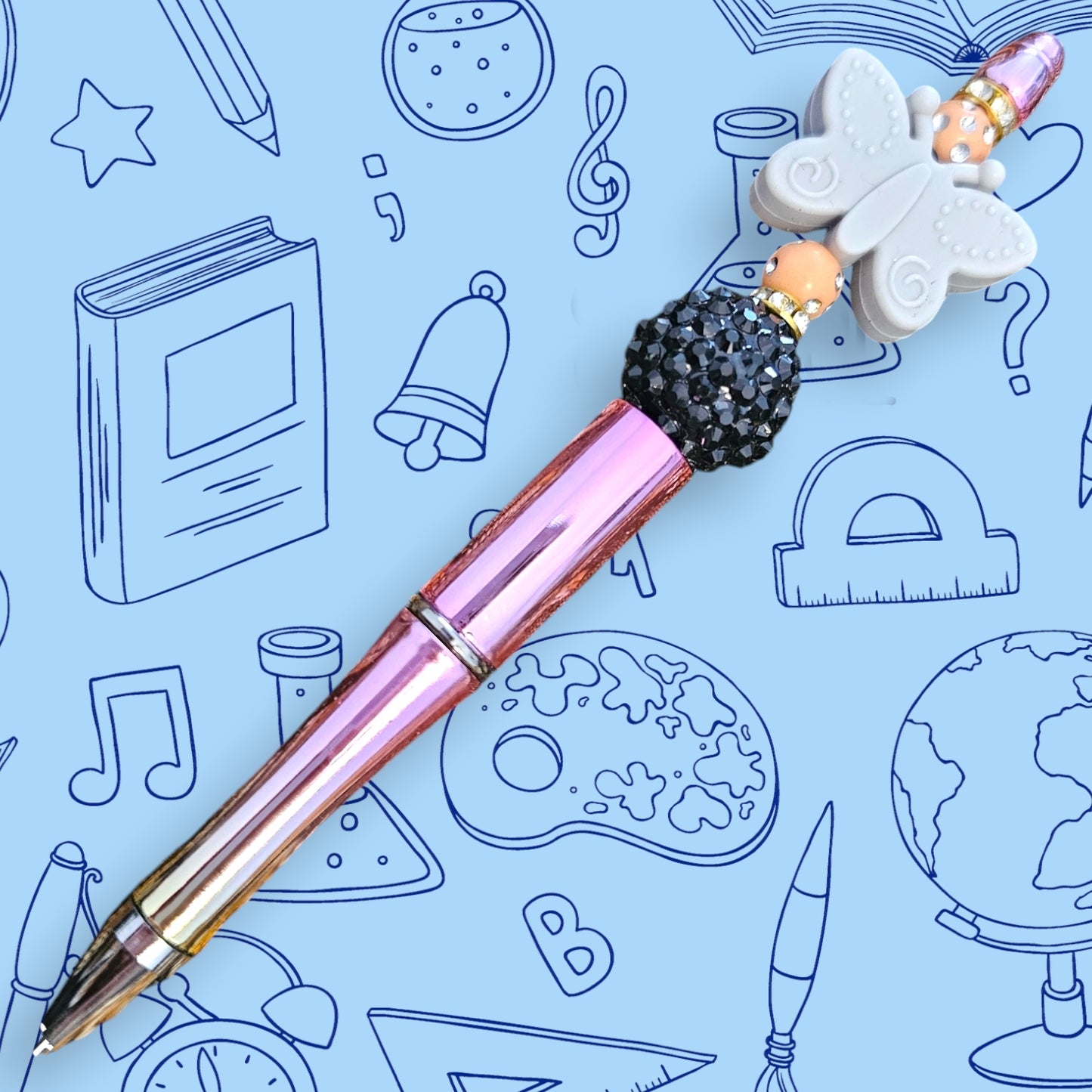 Grey Butterfly & Pink Chrome Fancy Bead Pen [74]