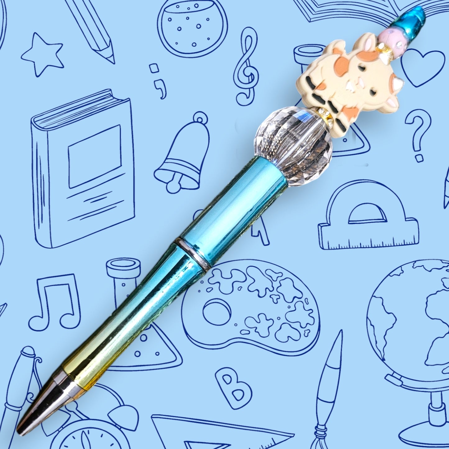 Beige Cow & Blue Chrome Fancy Bead Pen [94]