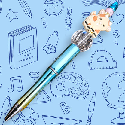 Beige Cow & Blue Chrome Fancy Bead Pen [94]