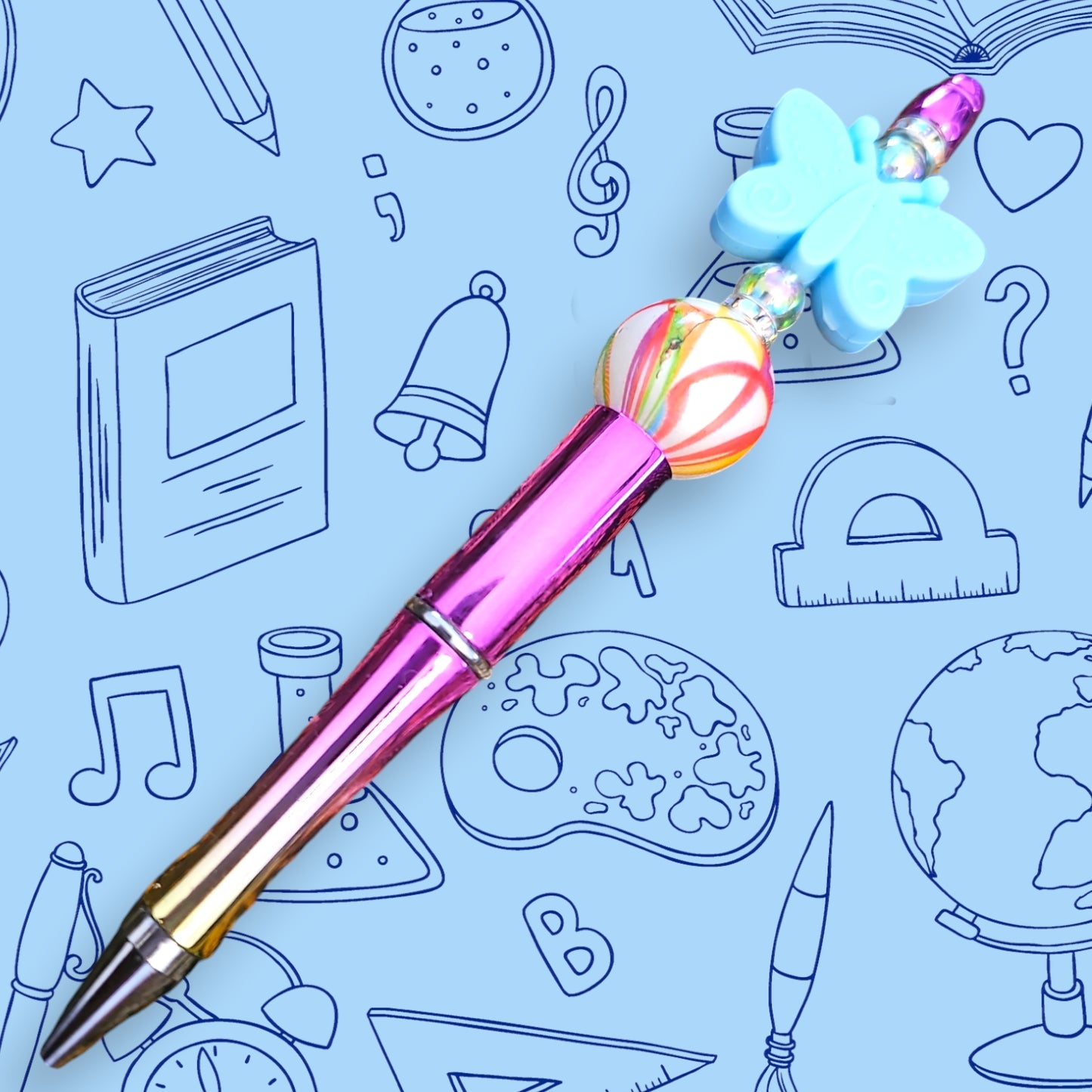 Blue Butterfly & Pink Chrome Fancy Bead Pen [25A]