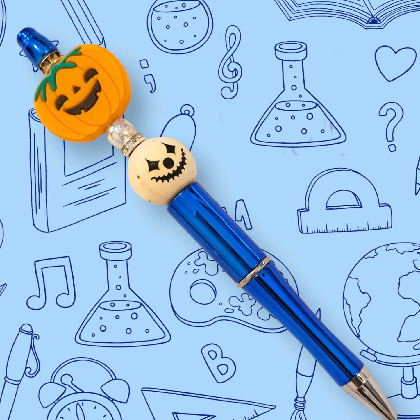 Happy Pumpkin & Blue Fancy Bead Pen [176A]